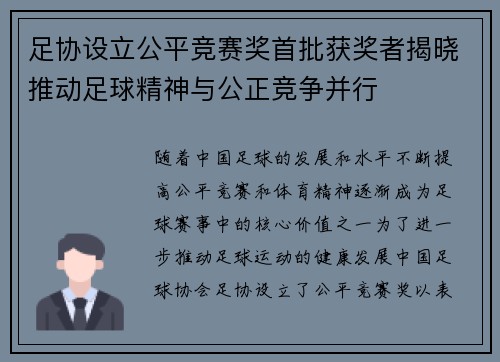 足协设立公平竞赛奖首批获奖者揭晓推动足球精神与公正竞争并行